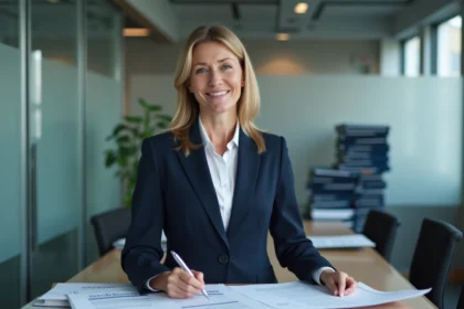 Femme d'affaires en costume navy en réunion professionnelle