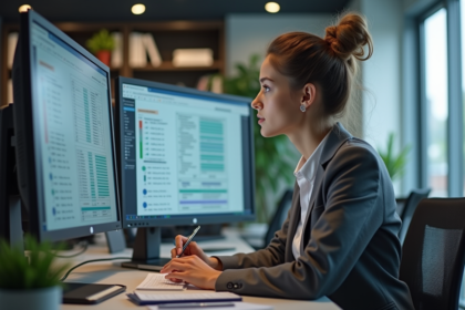 Jeune femme comparant diagrammes de bases de donnees