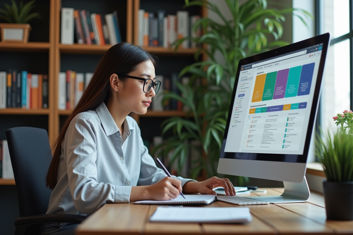 Jeune femme analysant un plan marketing sur son ordinateur