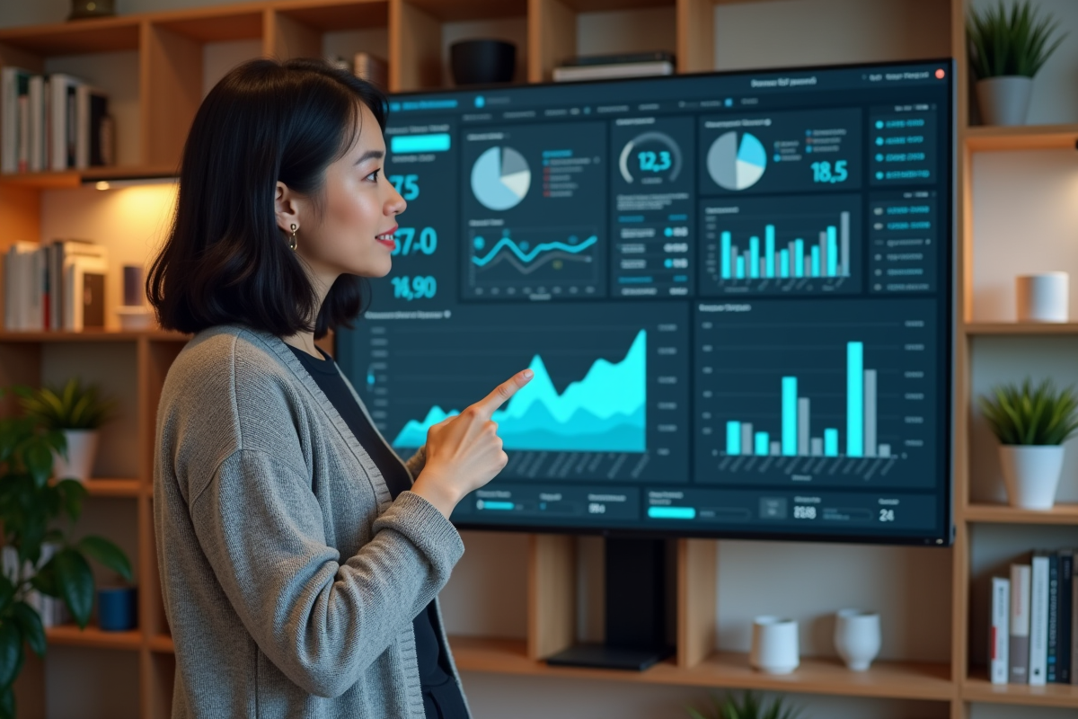 Jeune femme analyste de données devant tableau digital