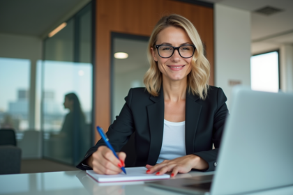 Femme d'affaires analysant des données sur son ordinateur