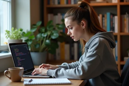 Femme autodidacte apprenant le HTML sur son ordinateur portable dans un bureau à domicile avec des notes manuscrites