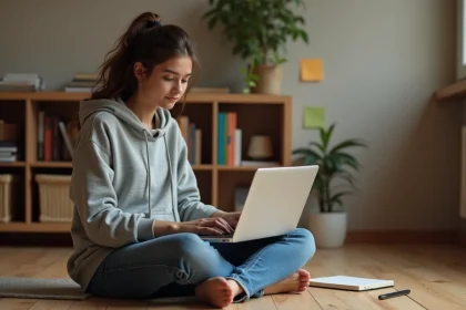 Jeune femme apprenant Python sur ordinateur portable posé sur un plancher en bois dans un bureau à domicile