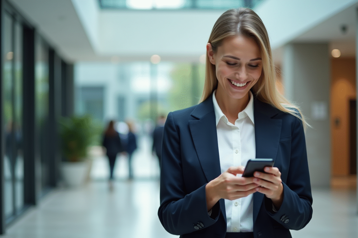 Femme d'affaires utilisant la reconnaissance faciale dans un bureau moderne