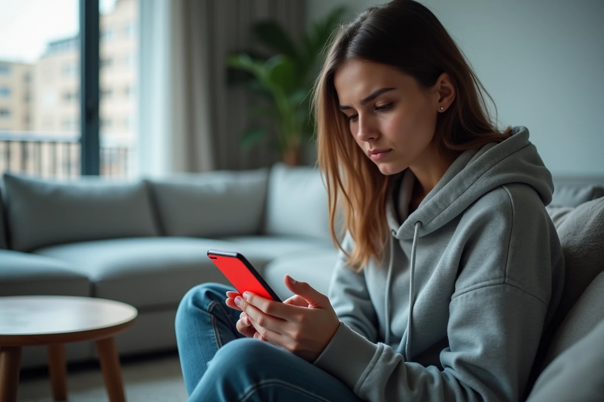 Femme hésitante face à un avertissement de sécurité sur son smartphone, symbolisant les dangers potentiels de connexion à un site non fiable