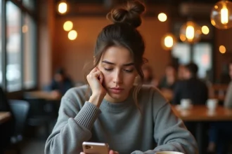 Jeune femme frustrée regardant son téléphone dans un café, tentant de voir une story Instagram d'un compte bloqué