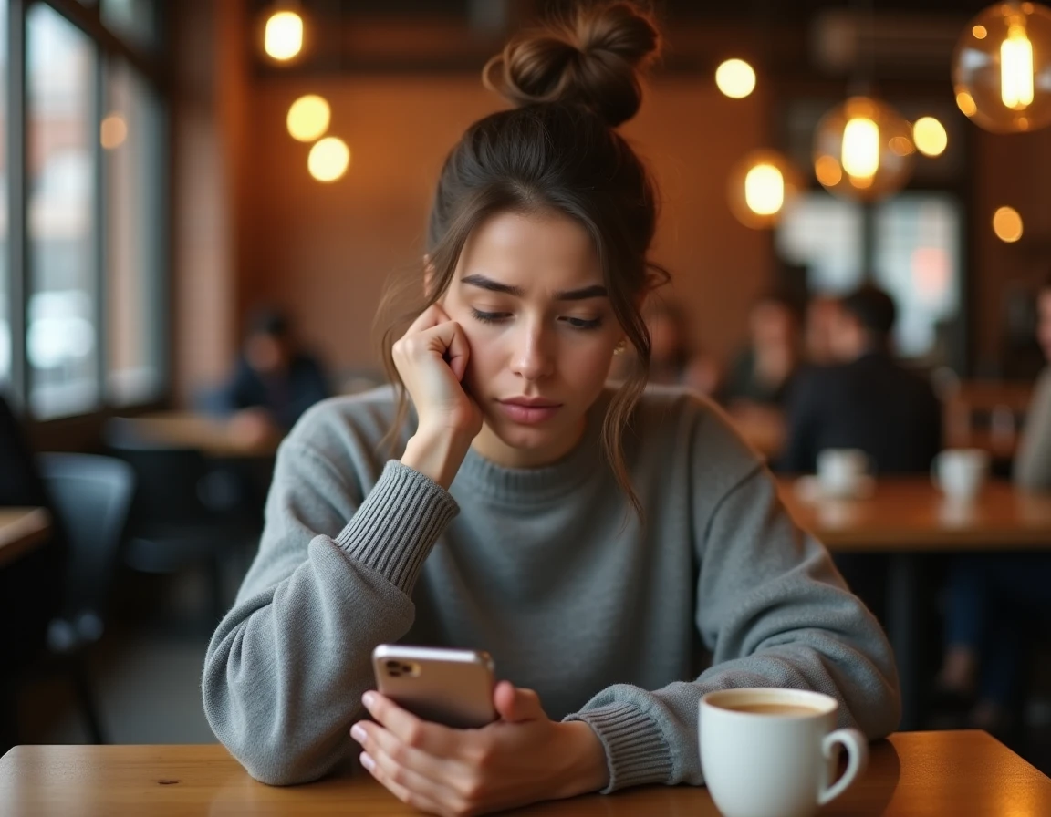 Jeune femme frustrée regardant son téléphone dans un café, tentant de voir une story Instagram d'un compte bloqué