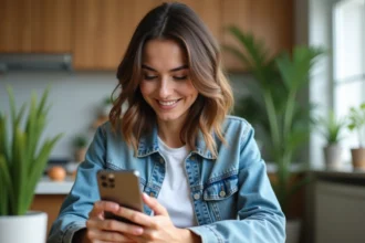 Jeune femme regardant Instagram Stories sur smartphone