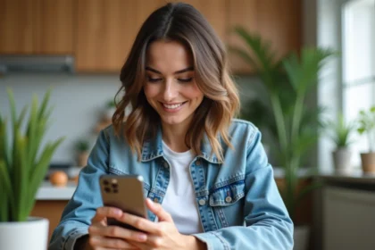 Jeune femme regardant Instagram Stories sur smartphone