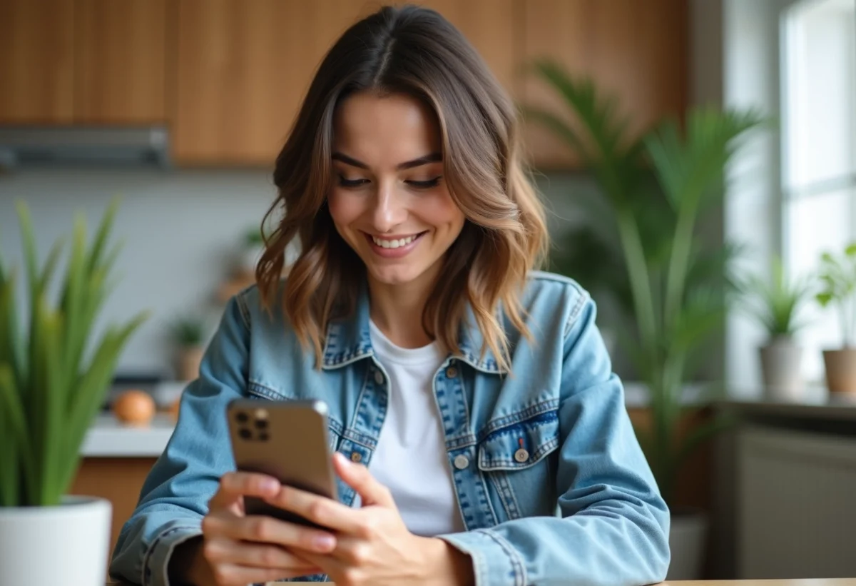 Jeune femme regardant Instagram Stories sur smartphone