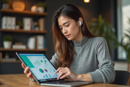Jeune femme au bureau avec tablette et application intuitive