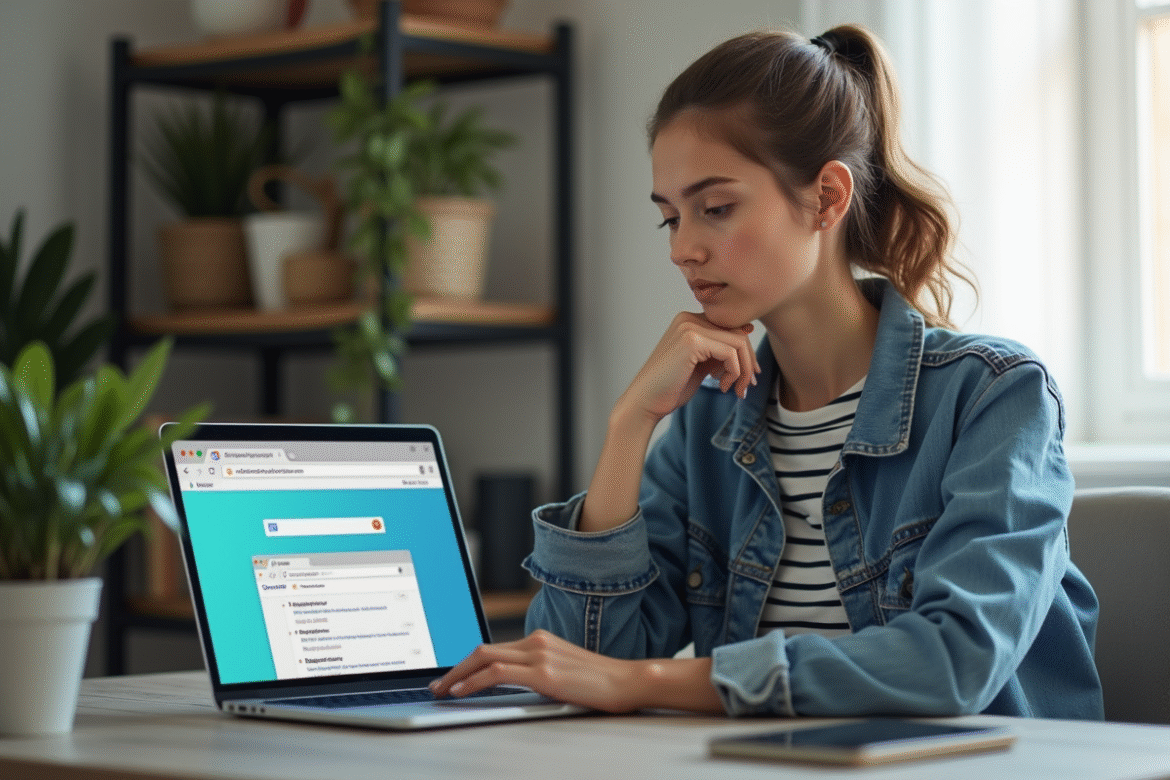 Jeune femme au bureau à la maison utilisant un ordinateur portable
