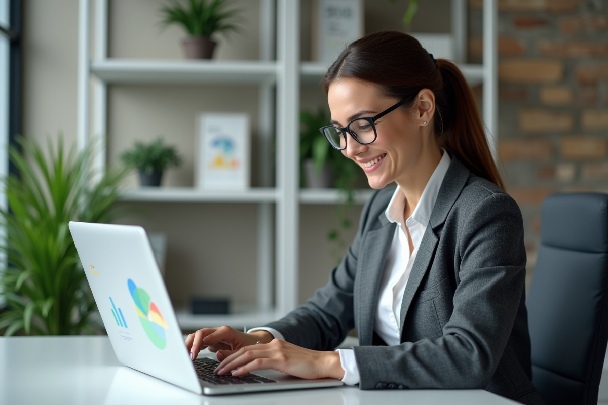 Femme souriante au bureau avec ordinateur et tableau de bord
