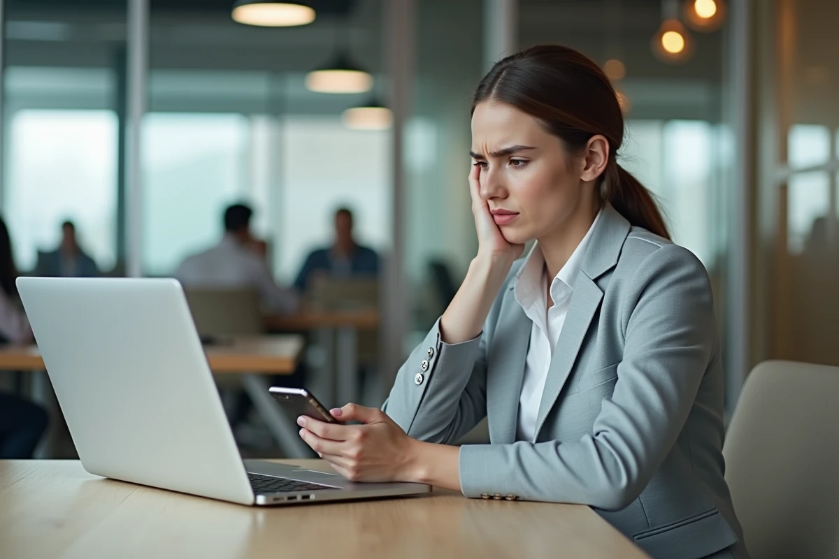Femme professionnelle frustrée face à une panne de webmail Nantes, utilisant son smartphone comme alternative au bureau