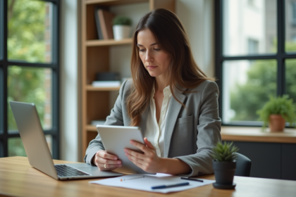 Femme concentrée travaillant sur une tablette dans un bureau lumineux