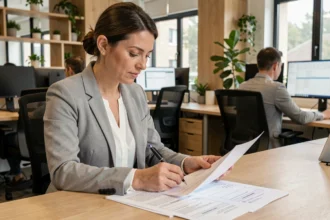 Femme professionnelle annotant des documents de publipostage personnalisés dans un bureau moderne