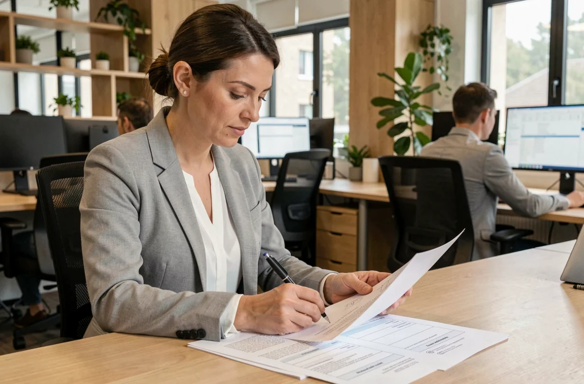 Femme professionnelle annotant des documents de publipostage personnalisés dans un bureau moderne