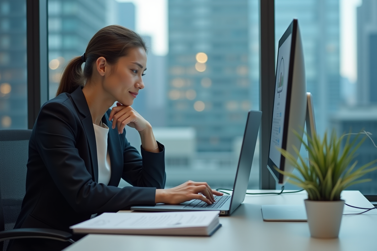 Femme en bureau moderne naviguant sur un ordinateur pour migration de systeme