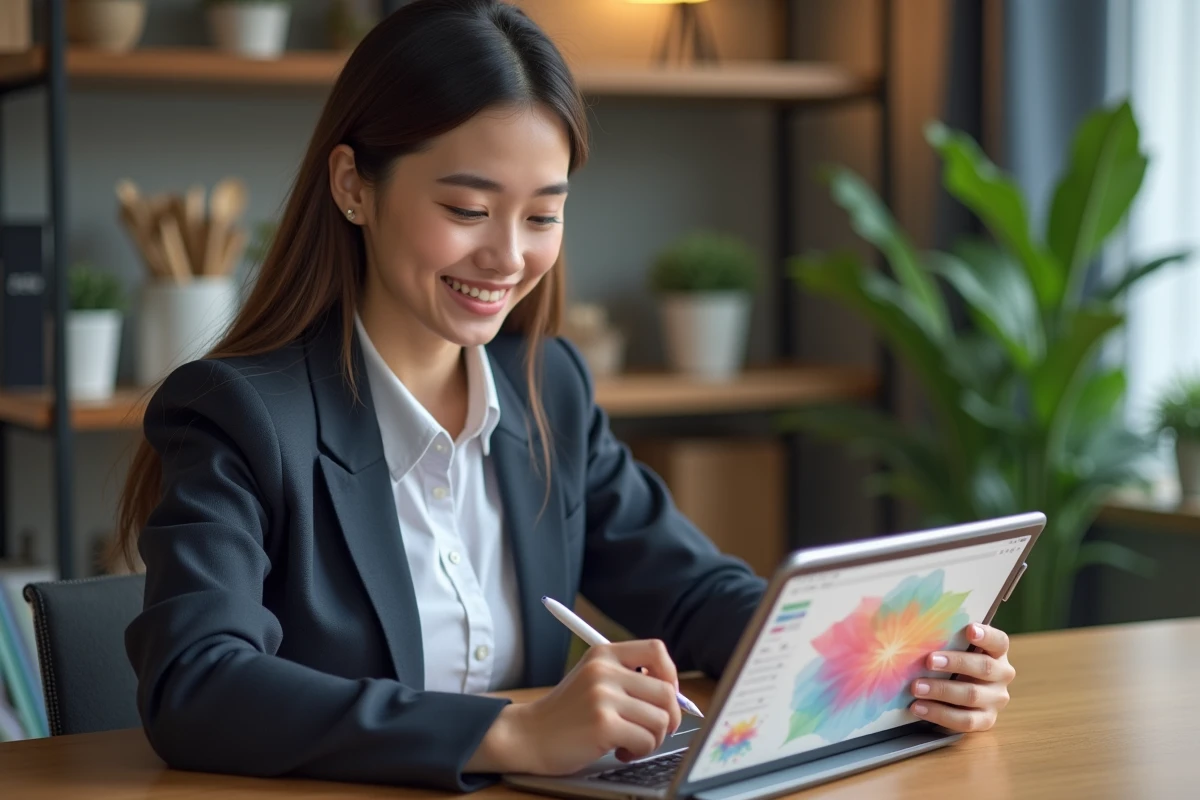 Jeune femme au bureau utilisant une tablette Moovbob