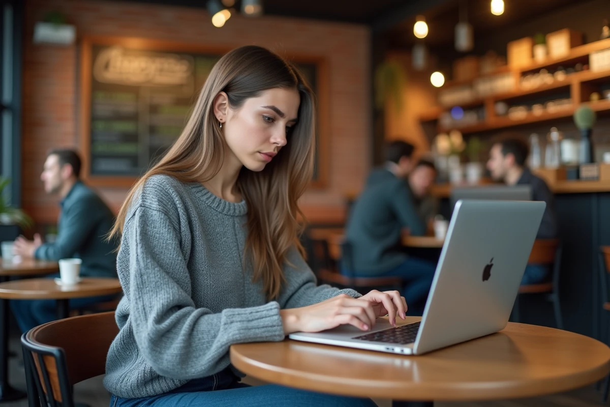 Jeune femme au café étudiant Silverlight sur son ordinateur portable