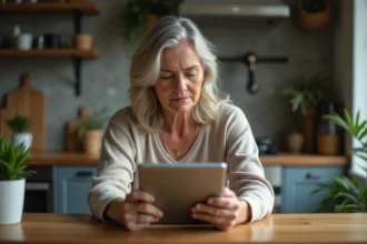 Femme d'âge moyen utilisant une tablette dans la cuisine