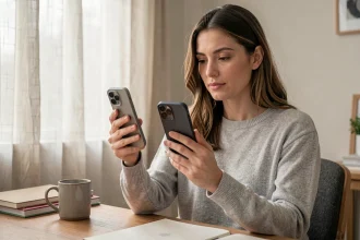 Femme comparant un iPhone 12 et un smartphone plus grand en 2026 dans un bureau à domicile