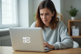 Femme frustrée devant son ordinateur portable tentant de se connecter à son compte MyPrimobox avec identifiant oublié