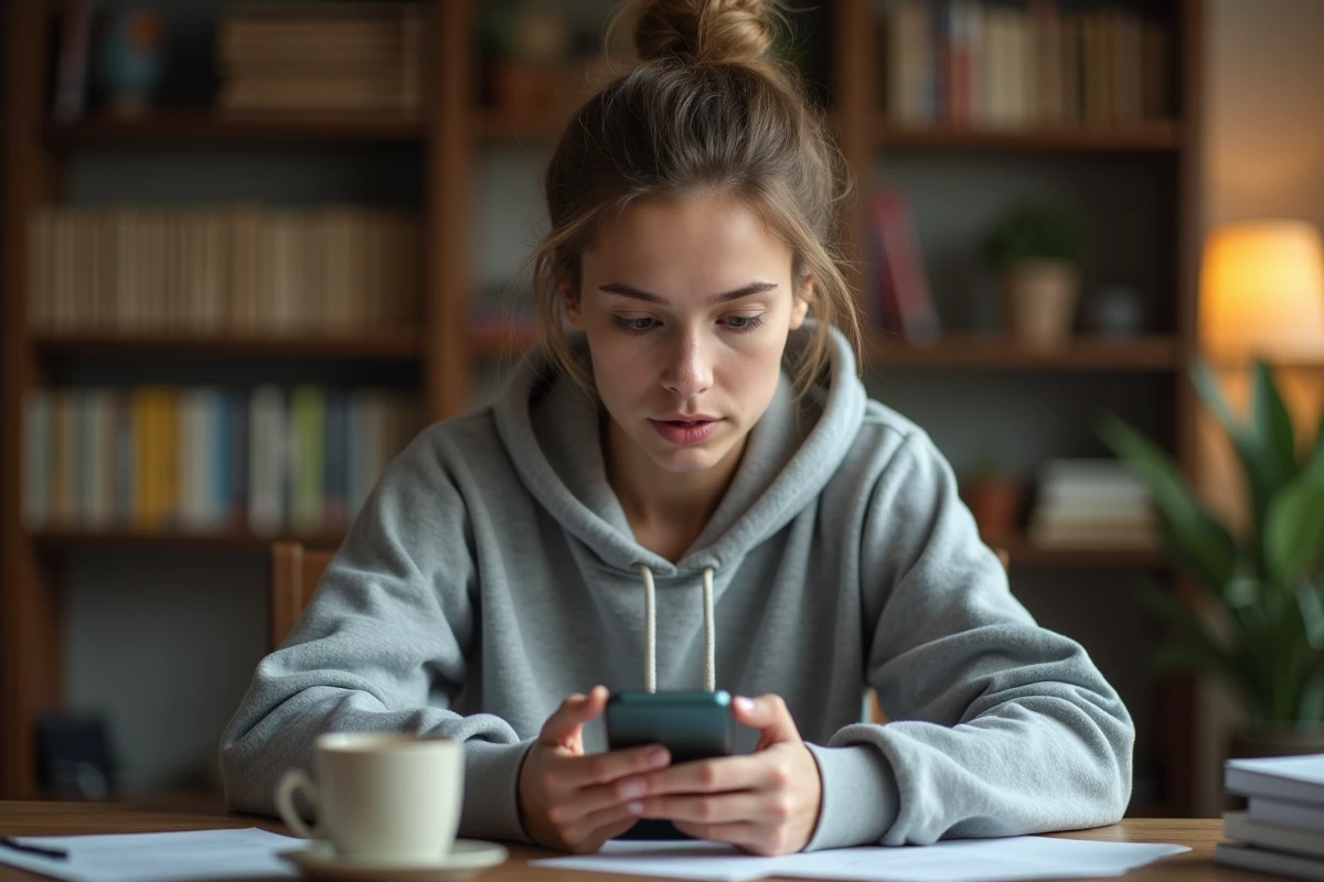 Jeune femme consultant une story supprimée sur son smartphone via une application de récupération