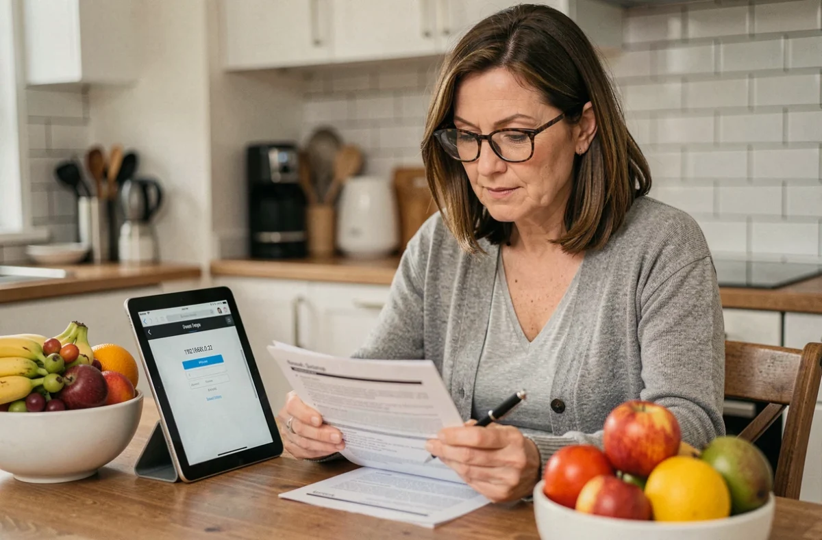 Femme consultant un guide d'aide réseau imprimé devant une tablette affichant la page de connexion administrateur du routeur avec l'adresse 192.168.0.22