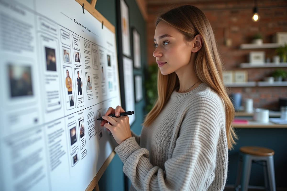 Jeune femme dessinant sur une carte d