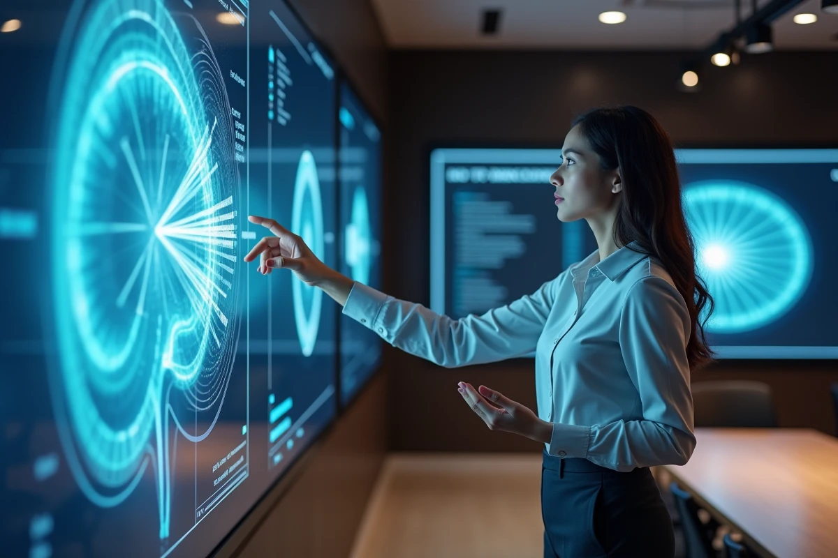 Femme en réunion expliquant un modèle 3D neural radiance