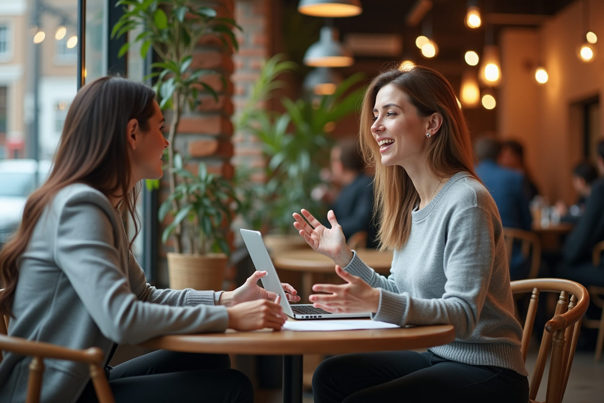 Femme en discussion animée avec une collègue dans un café convivial
