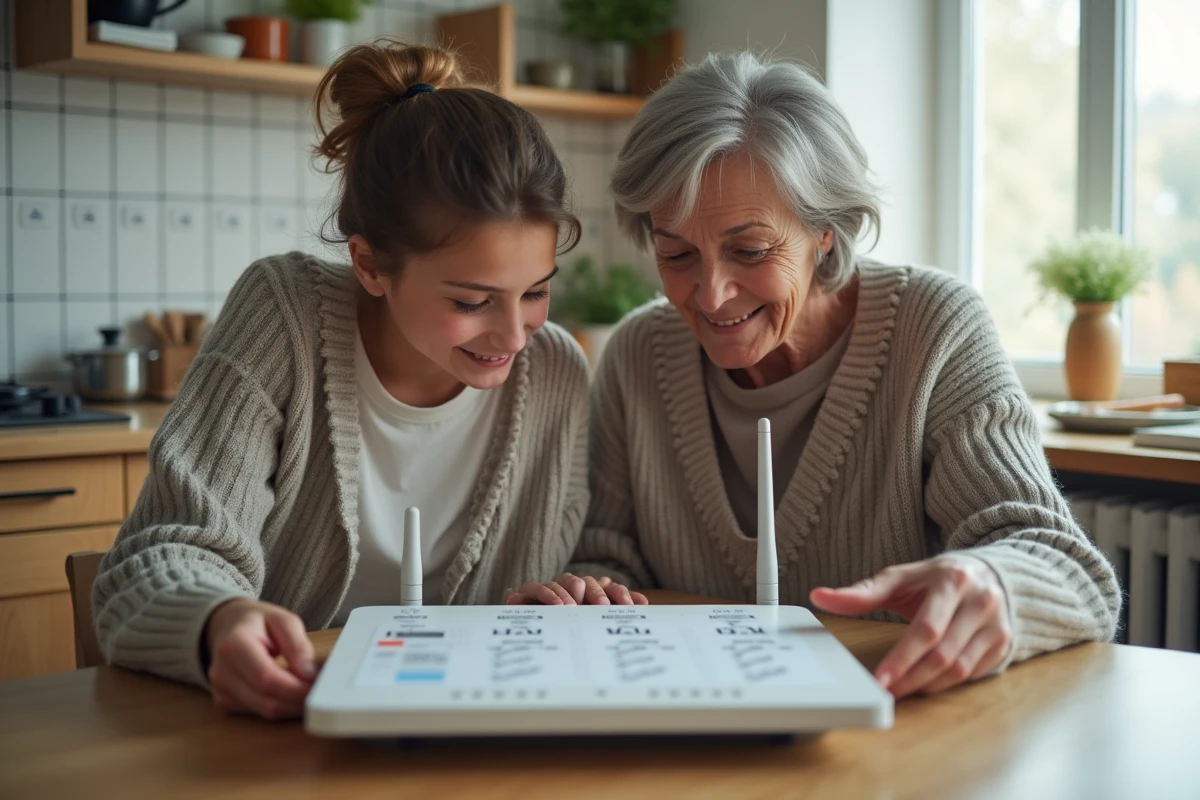 Femme explique les réglages internet à une adolescente dans la cuisine