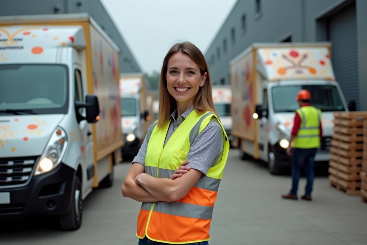 Femme gestionnaire logistique en gilet haute visibilité près de camions