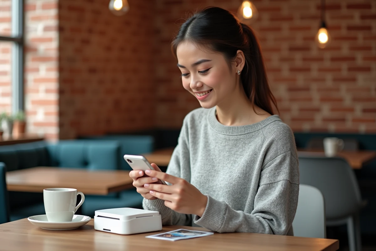 Jeune femme utilisant une imprimante portable mini et une application mobile dans un café moderne