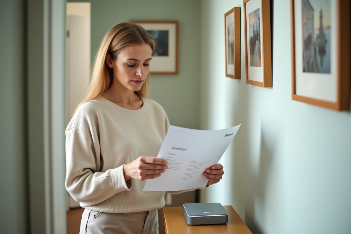 Femme lit un guide pour configurer son réseau domestique