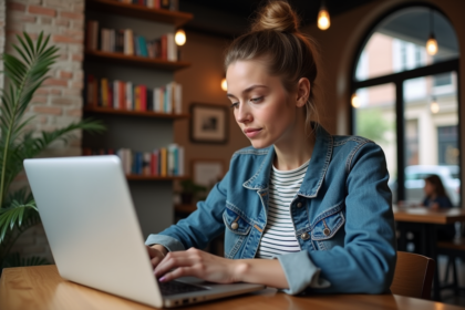 Jeune femme au café utilisant son ordinateur pour gérer la vie privée