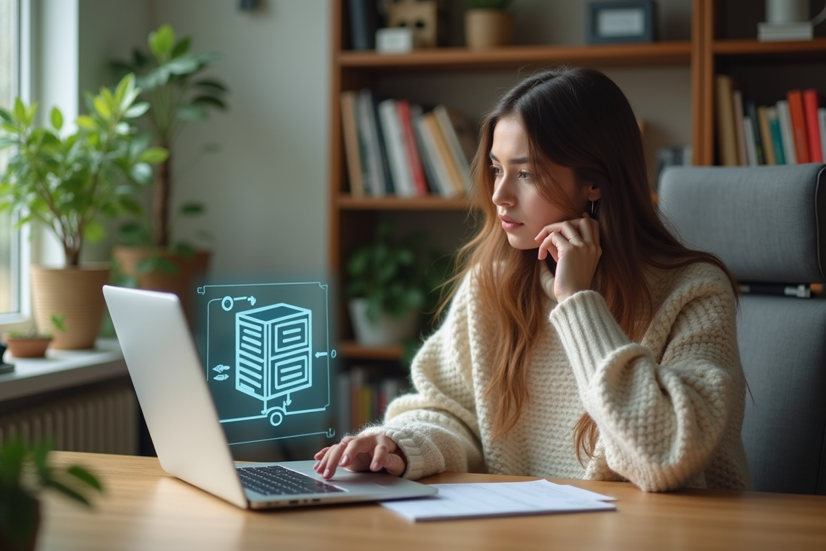 Jeune femme regardant un diagramme de serveur sur son laptop
