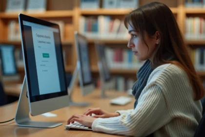 Femme d'âge moyen utilisant un ordinateur en bibliothèque