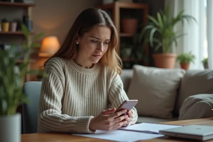 Femme regardant son iPhone à la maison dans un cadre cosy