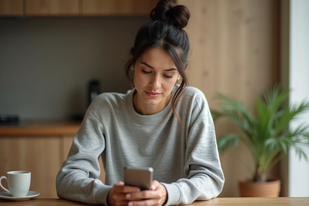 Femme consultant les paramètres de son smartphone WhatsApp pour désactiver le cercle bleu de statut