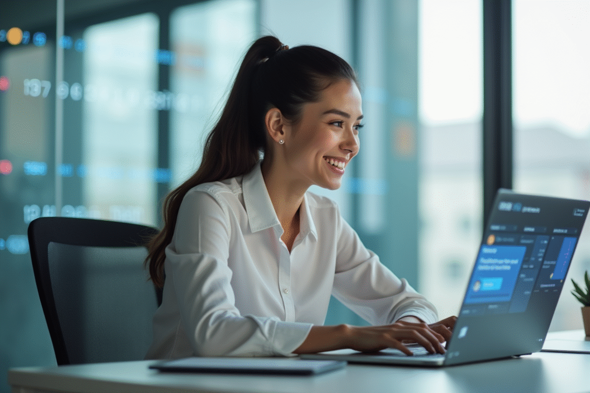 Jeune femme professionnelle utilisant un chatbot sur son ordinateur dans un bureau lumineux