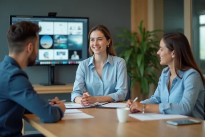 Jeune femme professionnelle en réunion d'équipe dans un bureau moderne