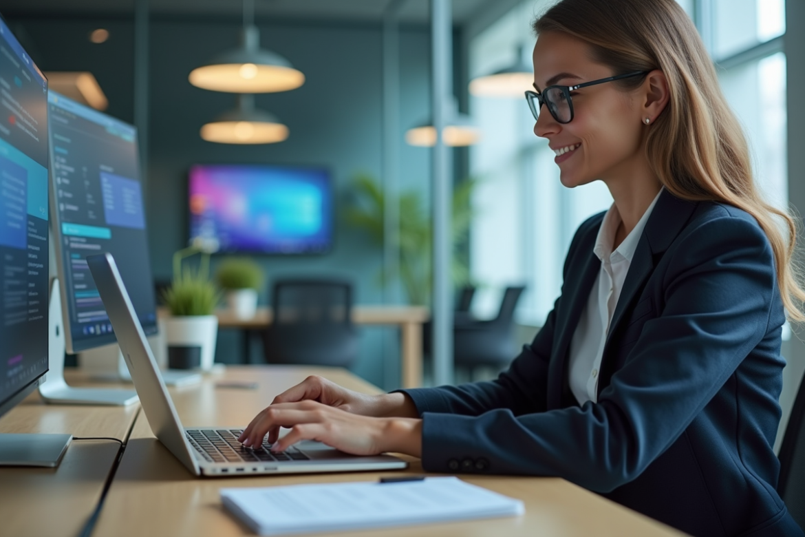 Jeune femme professionnelle surveillant ses réseaux sociaux