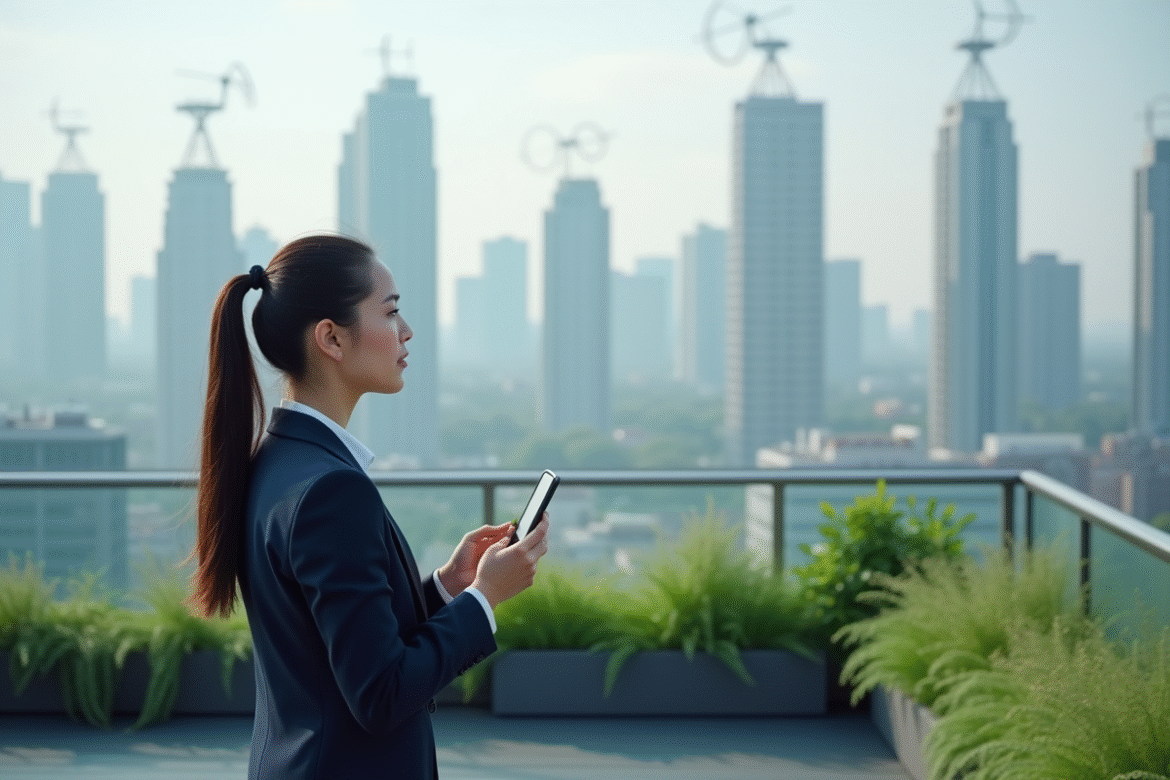 Jeune femme en costume regardant la skyline urbaine avec antennes 5G