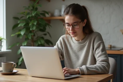 Jeune femme cherchant sur son ordinateur dans la cuisine
