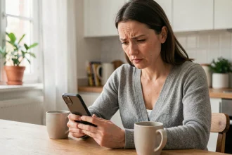 Femme frustrée tentant de récupérer l'accès à son compte patient irldr sur smartphone dans une cuisine moderne