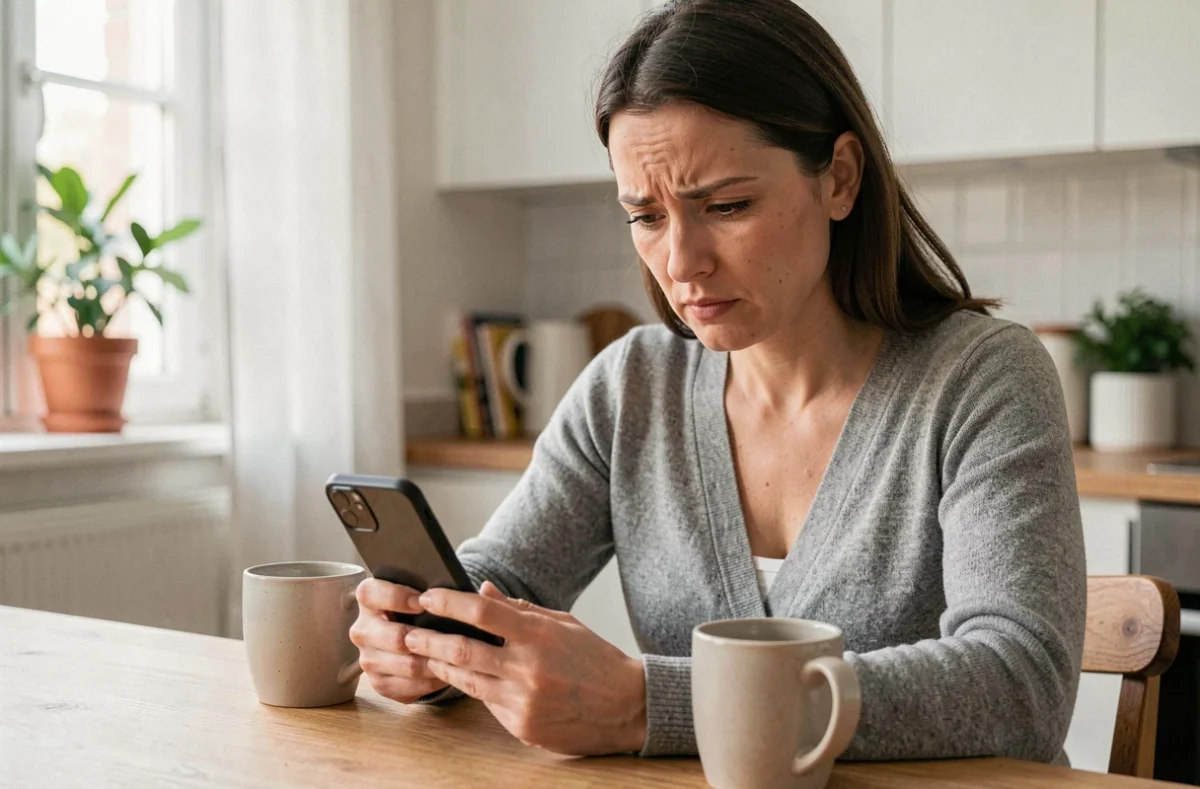 Femme frustrée tentant de récupérer l'accès à son compte patient irldr sur smartphone dans une cuisine moderne