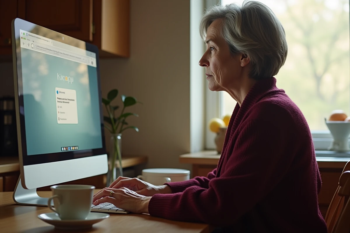 Femme d'âge mûr à la maison consultant ses emails pour récupérer l'accès à son espace personnel MyPrimobox