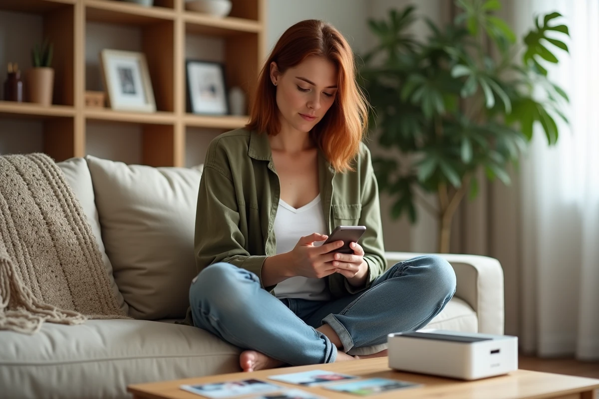 Femme utilisant une application d'impression mobile avec une imprimante mini portable dans un salon scandinave
